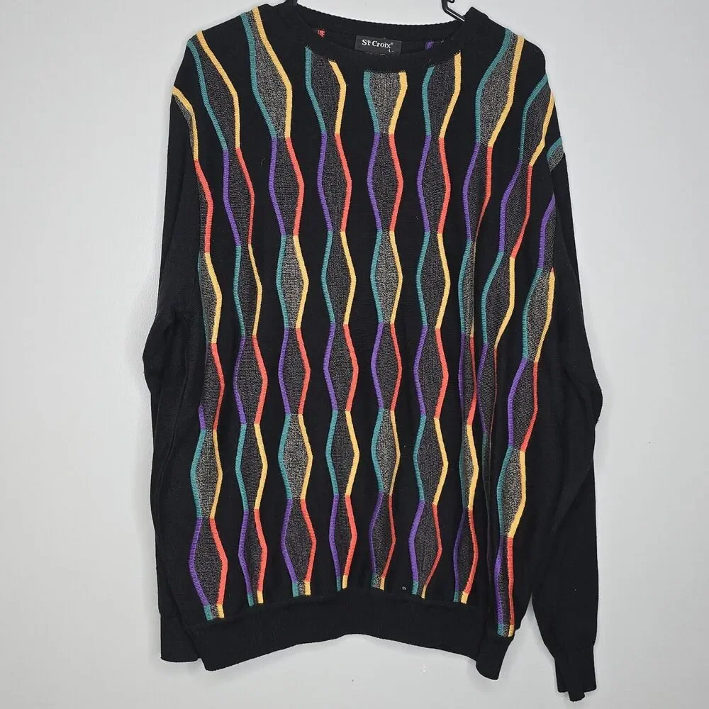 Vintage St Croix Multi Colored Geometric 3D Knit Sweater Size L -PRE-OWNED!
